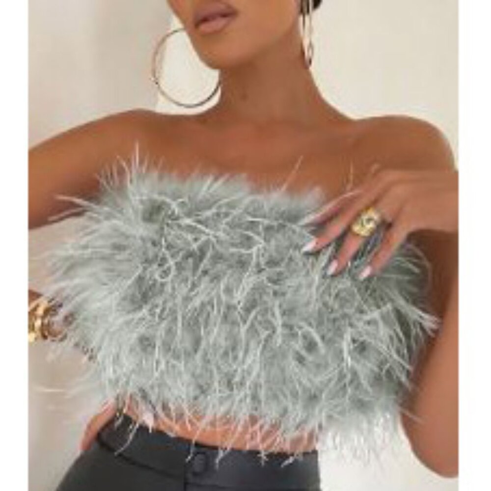 💥CHIC & SEXY💥ROARING 20's VIBE 100% OSTRICH FEATHER TOP in GRAY - Picture 6 of 11